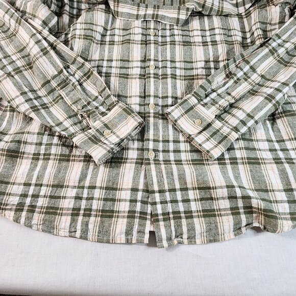 Old Navy Men's XXL Button Up Slim Fit Plaid Linen Cotton Green White Pocket VG - Picture 6 of 11